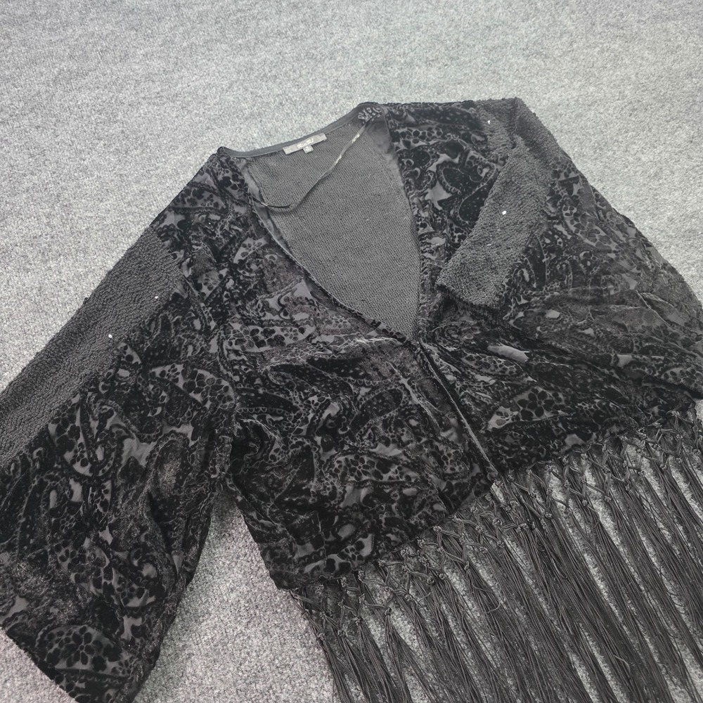 Miss Me Burnout Velvet Kimono Paisley Fringe Sequin Cardigan Wrap Medium Black W
